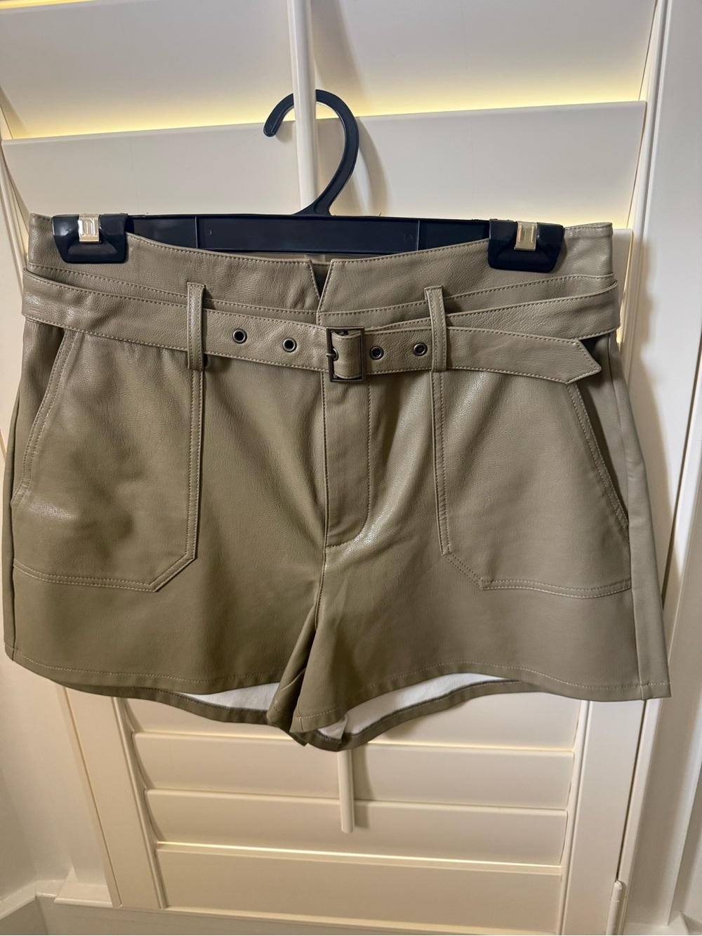 PAIGE High-Rise Faux Leather Belted Shorts in Khaki